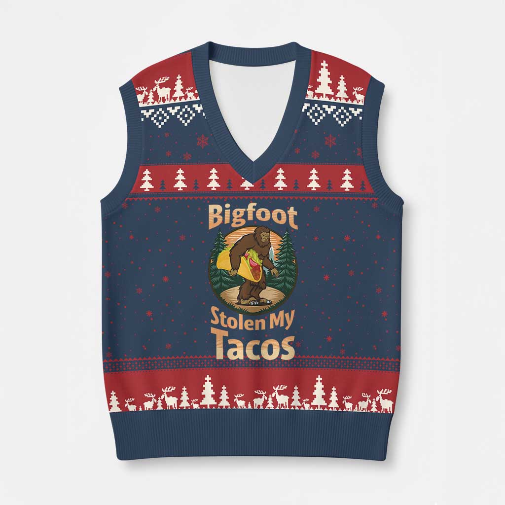 Funny Bigfoot Stole My Tacos V-Neck Knit Sweater Vest Sasquatch Taco Lover TS12 Navy Red Print Your Wear