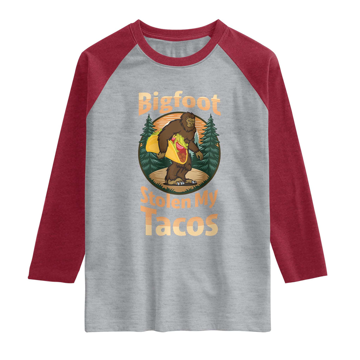 Funny Bigfoot Stole My Tacos Raglan Shirt Sasquatch Taco Lover TS12 Heather Gray Heather Red Print Your Wear