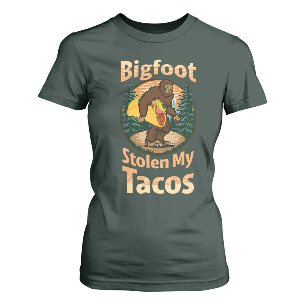 Funny Bigfoot Stole My Tacos T Shirt For Women Sasquatch Taco Lover TS12 Dark Forest Green Print Your Wear