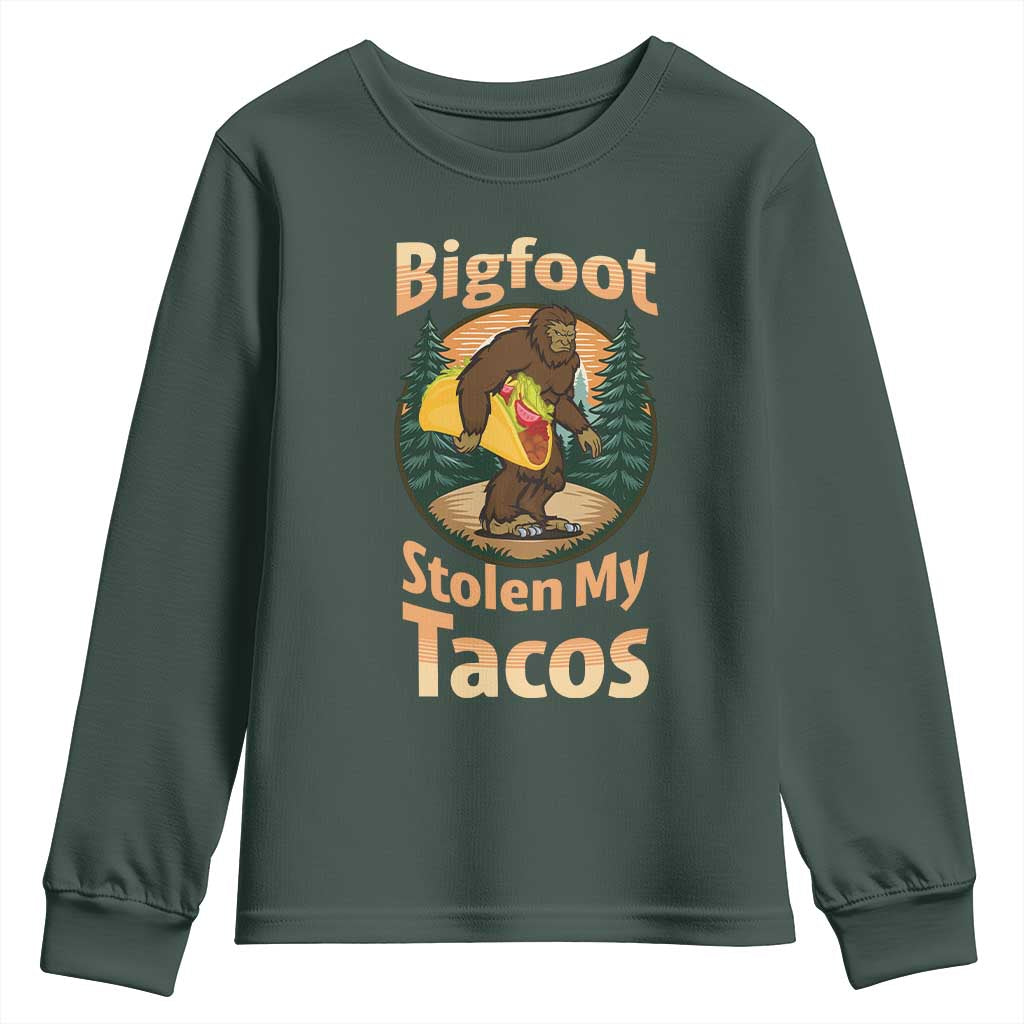 Funny Bigfoot Stole My Tacos Youth Sweatshirt Sasquatch Taco Lover TS12 Dark Forest Green Print Your Wear