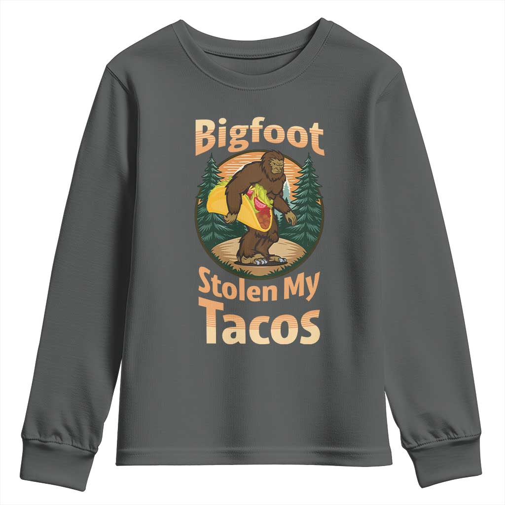 Funny Bigfoot Stole My Tacos Youth Sweatshirt Sasquatch Taco Lover TS12 Dark Heather Print Your Wear