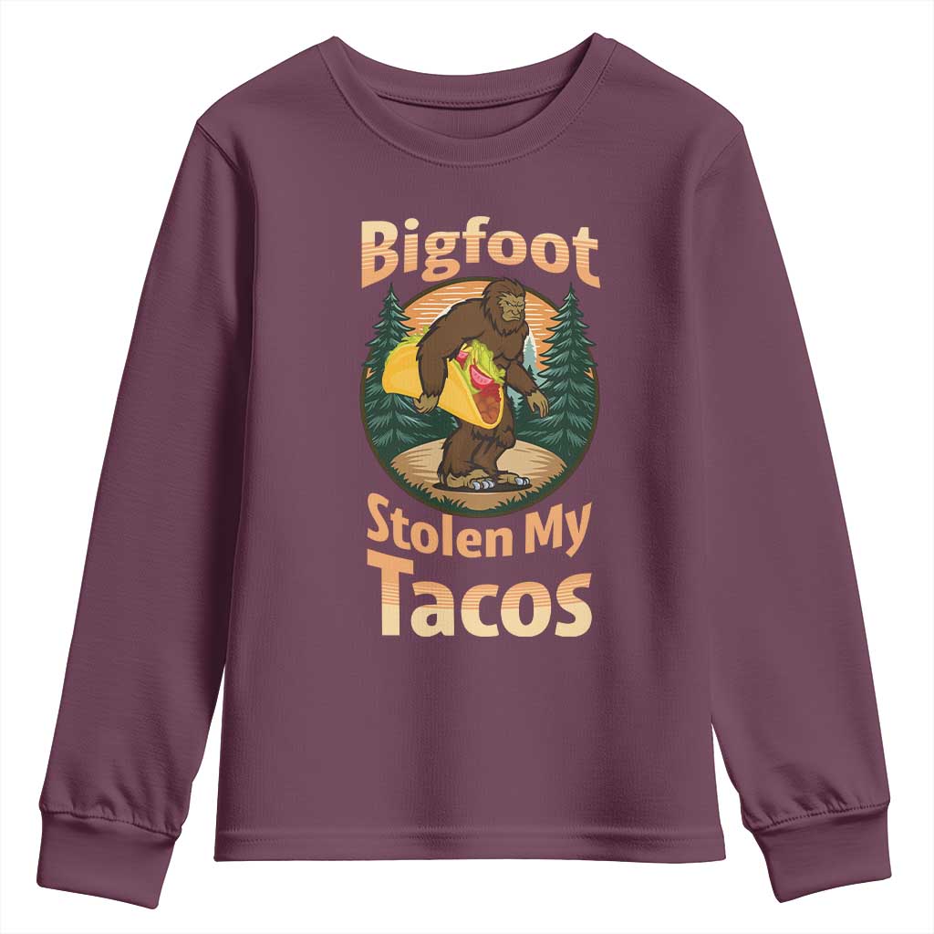 Funny Bigfoot Stole My Tacos Youth Sweatshirt Sasquatch Taco Lover TS12 Maroon Print Your Wear