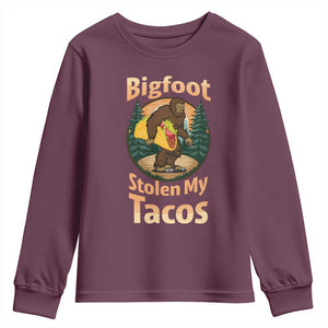 Funny Bigfoot Stole My Tacos Youth Sweatshirt Sasquatch Taco Lover TS12 Maroon Print Your Wear