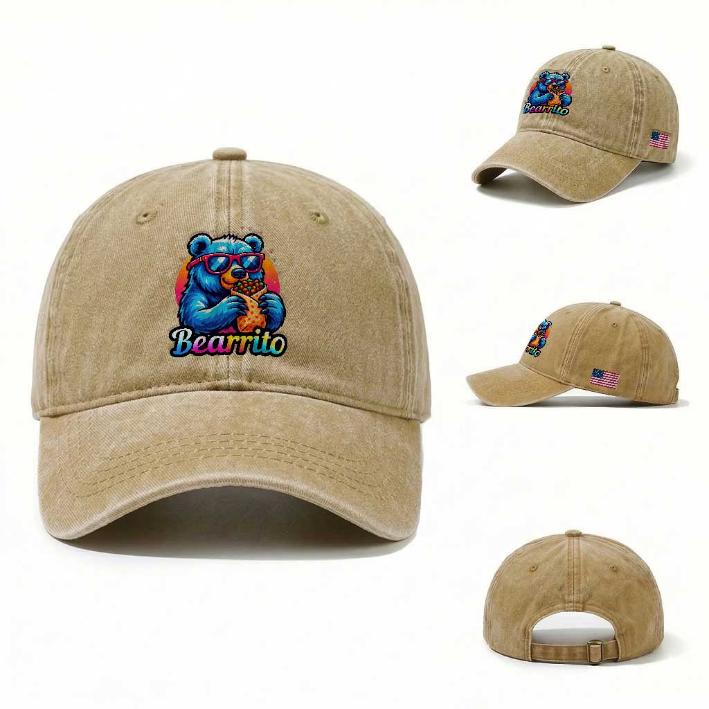 Mexican Food Lover Gift Washed Cotton Baseball Cap Funny Bearrito TS12 Washed Cap Universal Fit Khaki Print Your Wear
