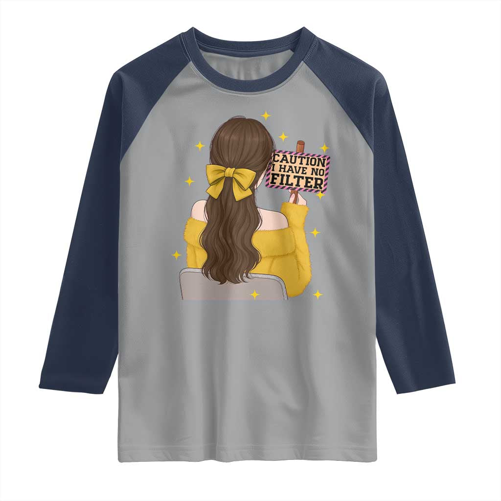 Caution I Have No Filter Raglan Shirt Funny Sarcasm Gift TS12 Sport Gray Navy Print Your Wear
