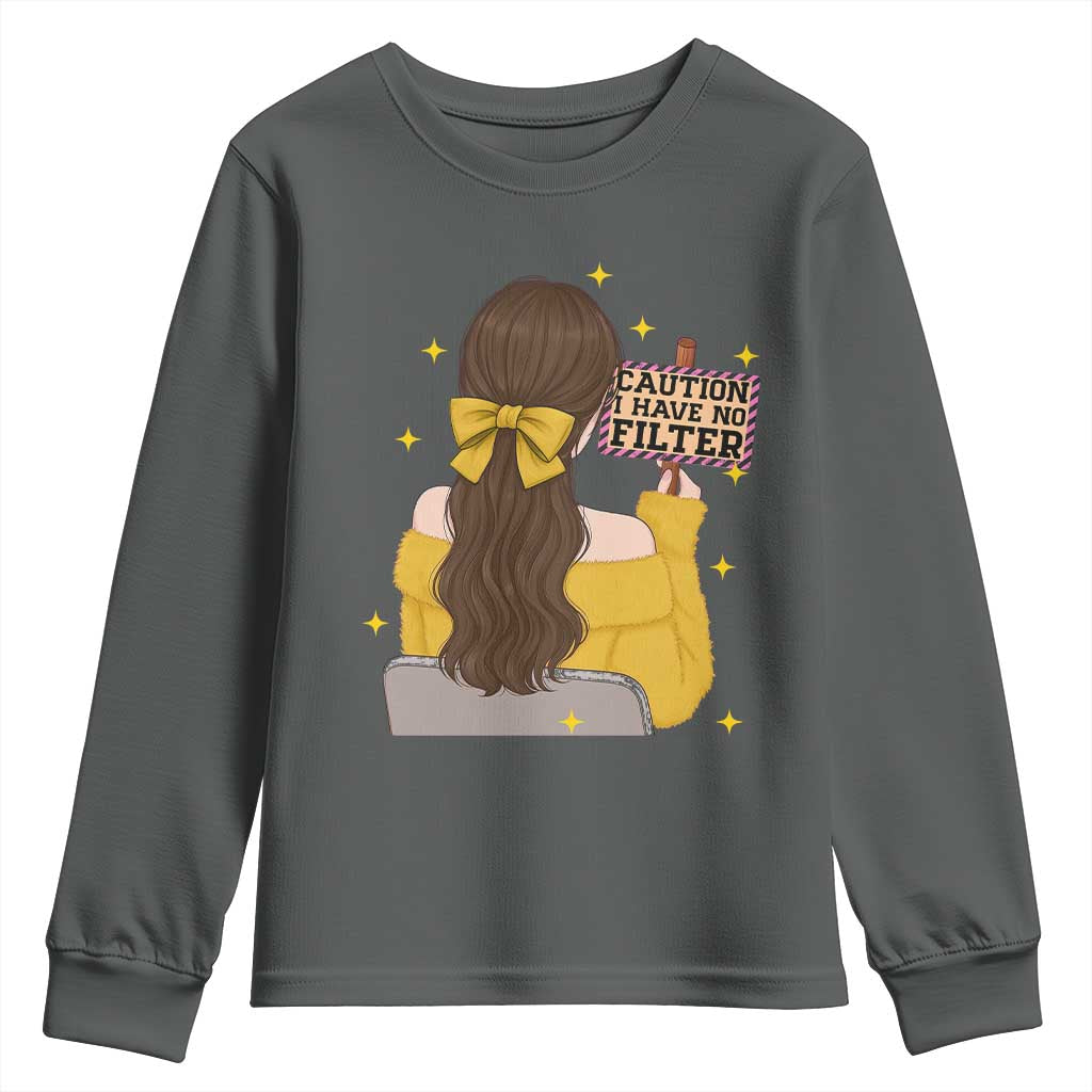 Caution I Have No Filter Youth Sweatshirt Funny Sarcasm Gift TS12 Dark Heather Print Your Wear