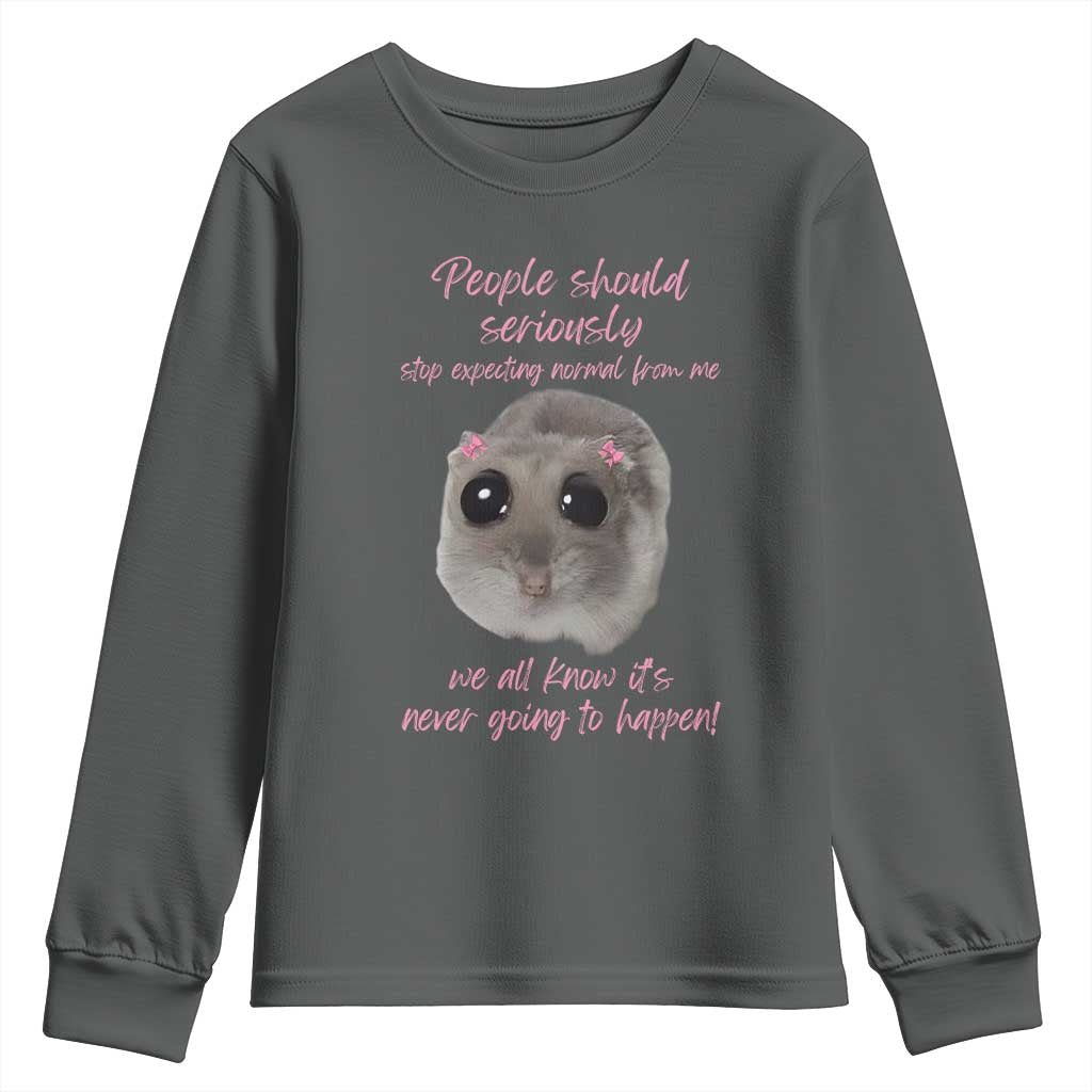 Funny Hamster Meme Youth Sweatshirt People Should Stop Expecting Normal Humor Gift TS12 Dark Heather Print Your Wear