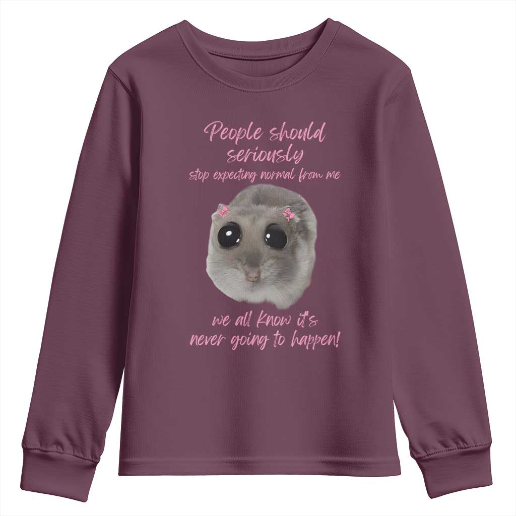 Funny Hamster Meme Youth Sweatshirt People Should Stop Expecting Normal Humor Gift TS12 Maroon Print Your Wear