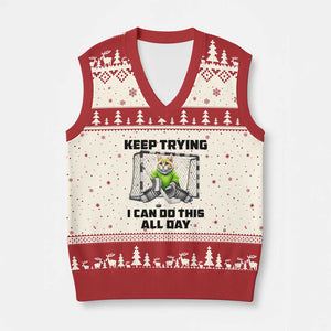 Keep Trying I Can Do This All Day V-Neck Knit Sweater Vest Funny Hockey Goalie Cat Gift TS12 Beige Red Print Your Wear