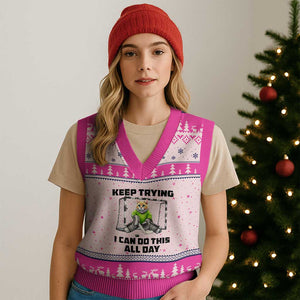 Keep Trying I Can Do This All Day V-Neck Knit Sweater Vest Funny Hockey Goalie Cat Gift TS12 Hot Pink Print Your Wear