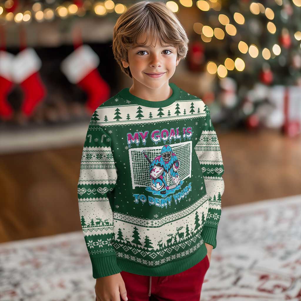 My Goal Is To Deny Yours Ugly Christmas Sweater Goalie Hockey Drip Art Gift TS12 Forest Green Beige Print Your Wear