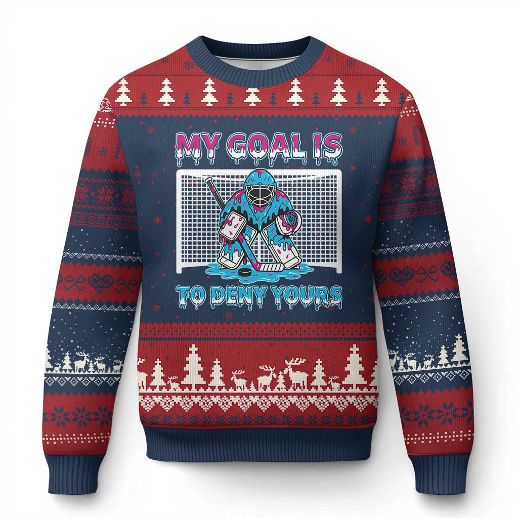 My Goal Is To Deny Yours Ugly Christmas Sweater Goalie Hockey Drip Art Gift TS12 Navy Red Print Your Wear