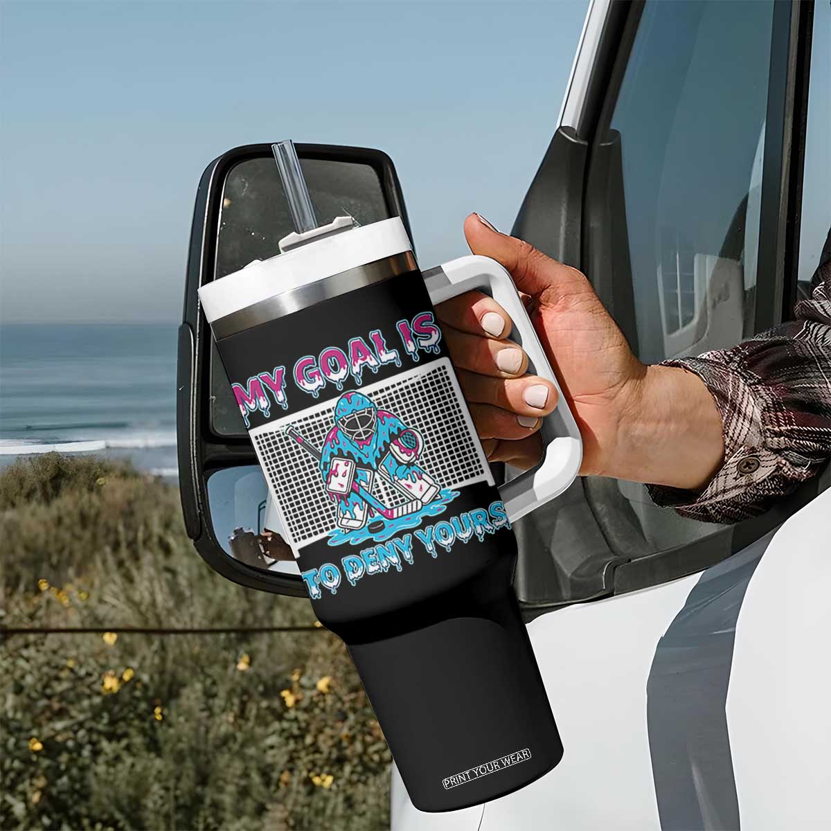 My Goal Is To Deny Yours Tumbler With Handle Goalie Hockey Drip Art Gift TS12 Print Your Wear