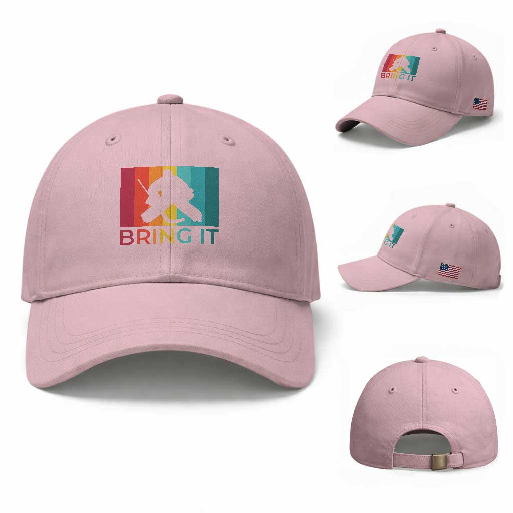 Vintage Ice Hockey Goalie Baseball Cap Bring It Quote Gift For Fan TS12 Baseball Cap Universal Fit Light Pink Print Your Wear