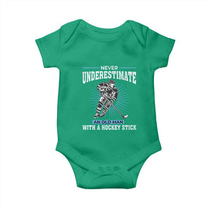 Never Underestimate An Old Man With A Hockey Stick Baby Onesie Ice Hockey Gift TS12 Irish Green Print Your Wear