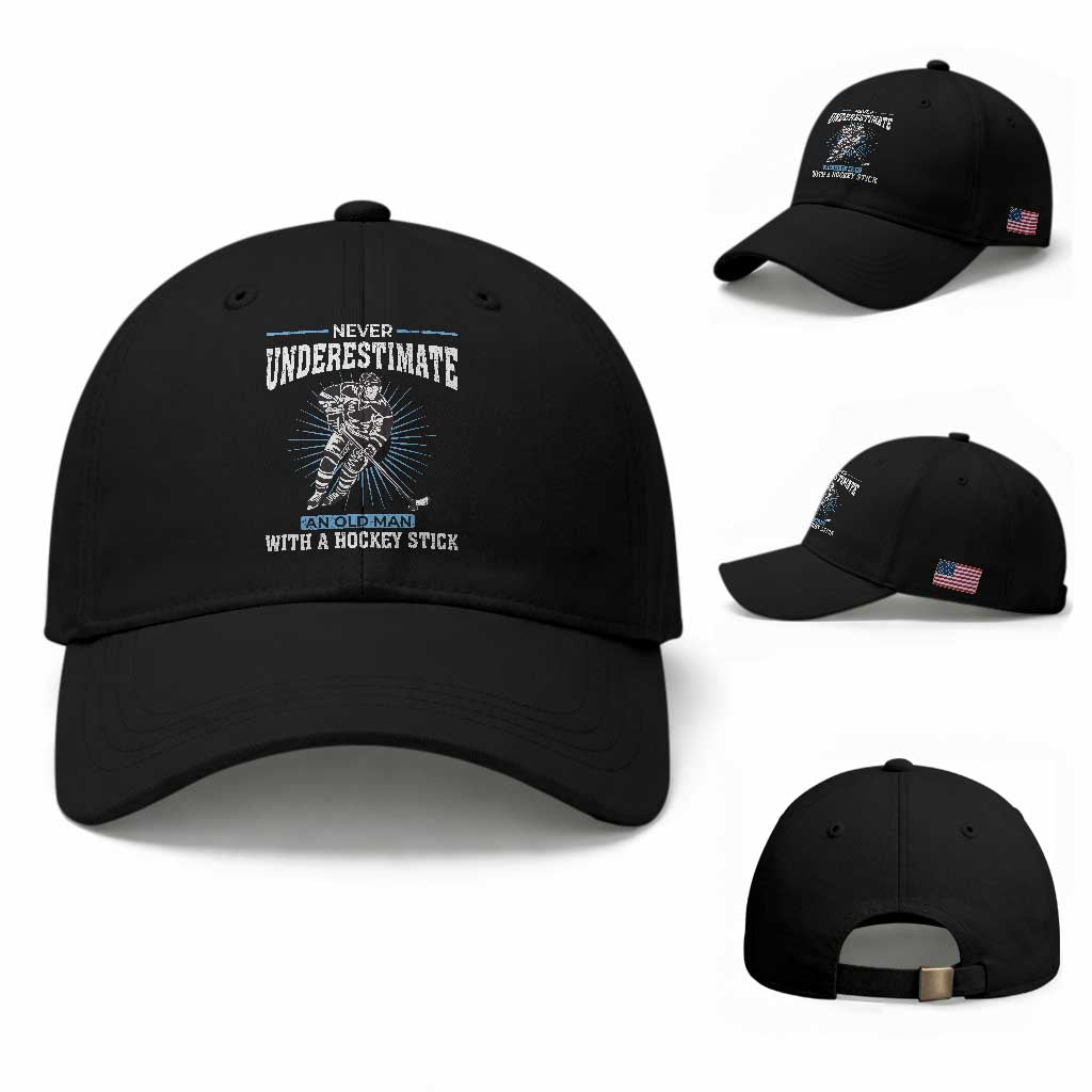 Never Underestimate An Old Man With A Hockey Stick Baseball Cap Ice Hockey Gift TS12 Baseball Cap Universal Fit Black Print Your Wear