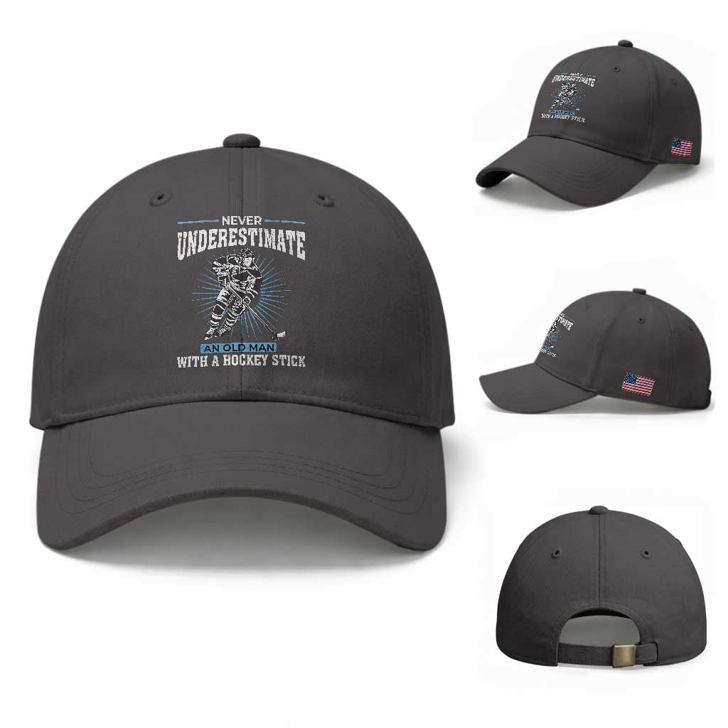 Never Underestimate An Old Man With A Hockey Stick Baseball Cap Ice Hockey Gift TS12 Baseball Cap Universal Fit Dark Gray Print Your Wear