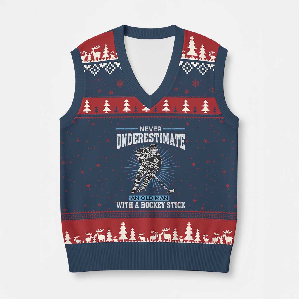 Never Underestimate An Old Man With A Hockey Stick V-Neck Knit Sweater Vest Ice Hockey Gift TS12 Navy Red Print Your Wear