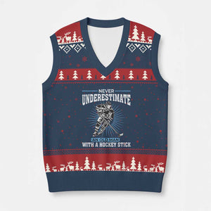 Never Underestimate An Old Man With A Hockey Stick V-Neck Knit Sweater Vest Ice Hockey Gift TS12 Navy Red Print Your Wear