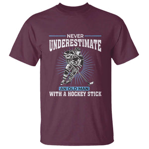 Never Underestimate An Old Man With A Hockey Stick T Shirt Ice Hockey Gift TS12 Maroon Print Your Wear