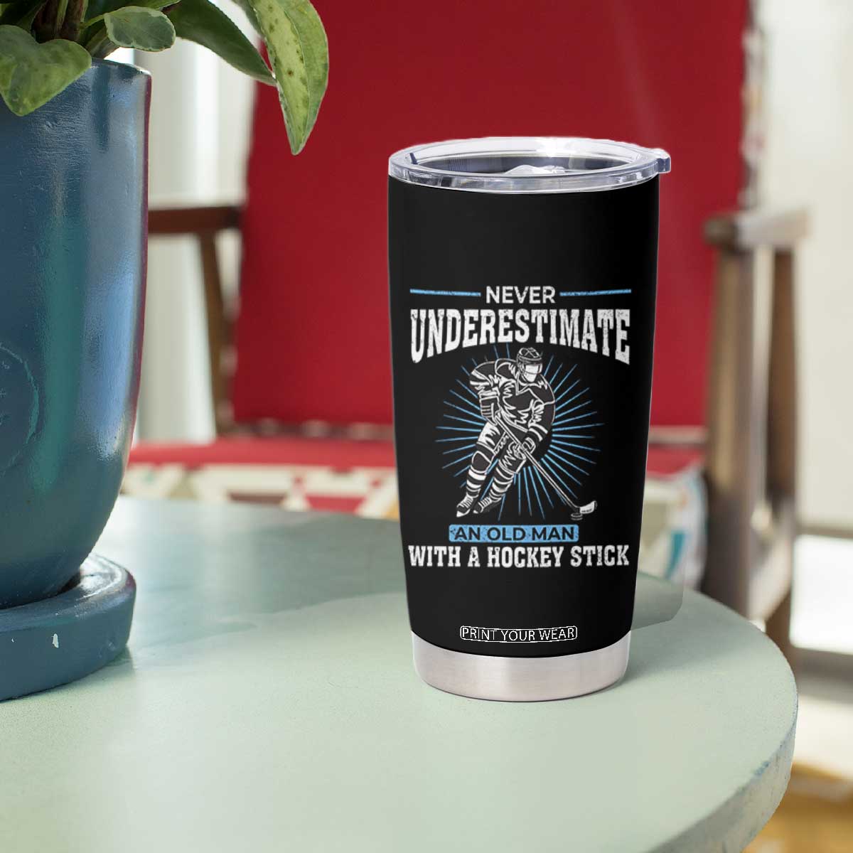 Never Underestimate An Old Man With A Hockey Stick Tumbler Cup Ice Hockey Gift TS12 Print Your Wear