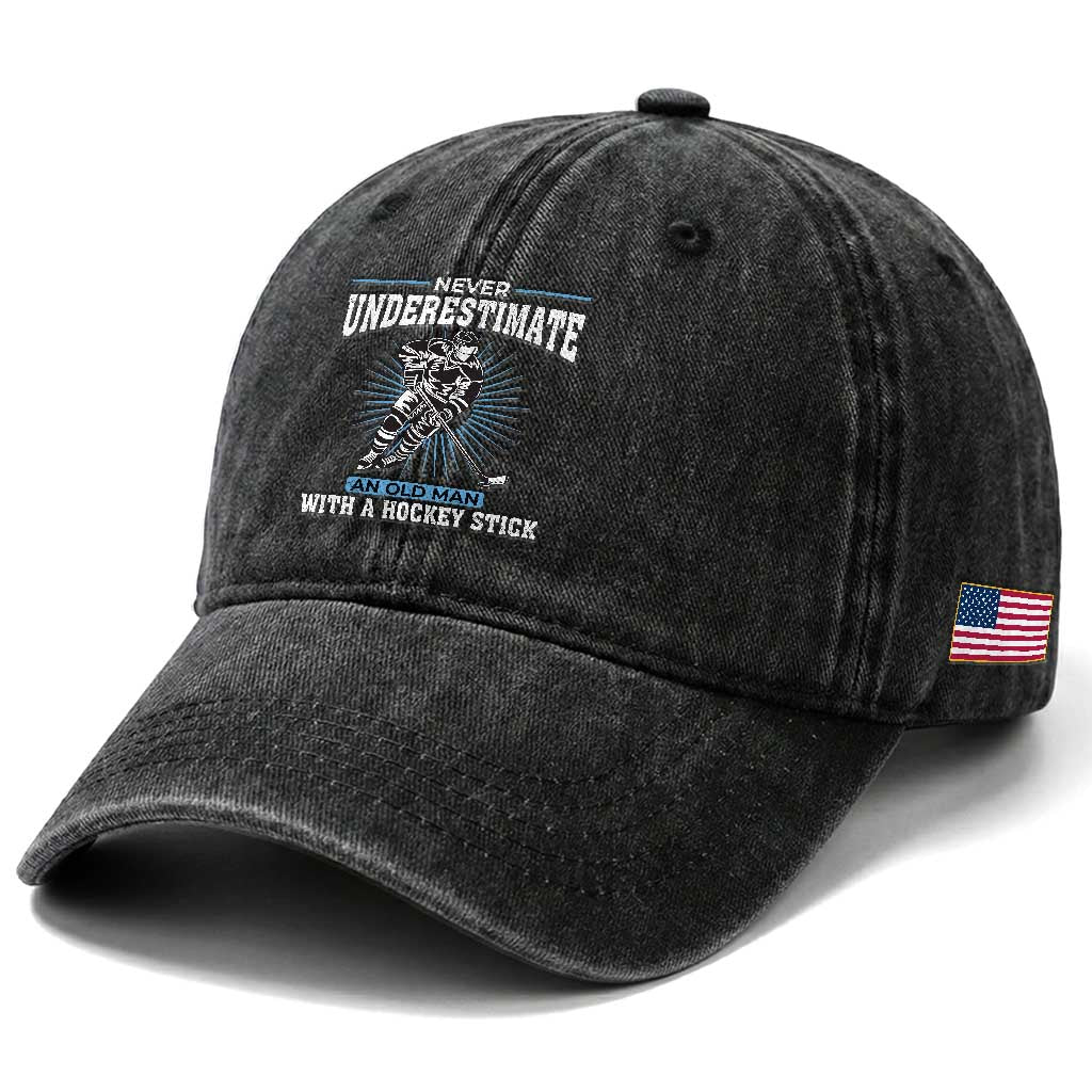 Never Underestimate An Old Man With A Hockey Stick Washed Cotton Baseball Cap Ice Hockey Gift TS12 Print Your Wear