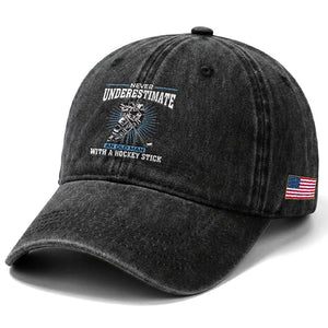 Never Underestimate An Old Man With A Hockey Stick Washed Cotton Baseball Cap Ice Hockey Gift TS12 Print Your Wear