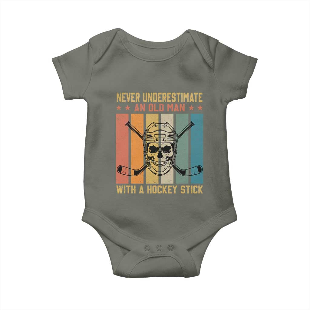 Retro Ice Hockey Player Baby Onesie Funny Never Underestimate An Old Man TS12 Military Green Print Your Wear