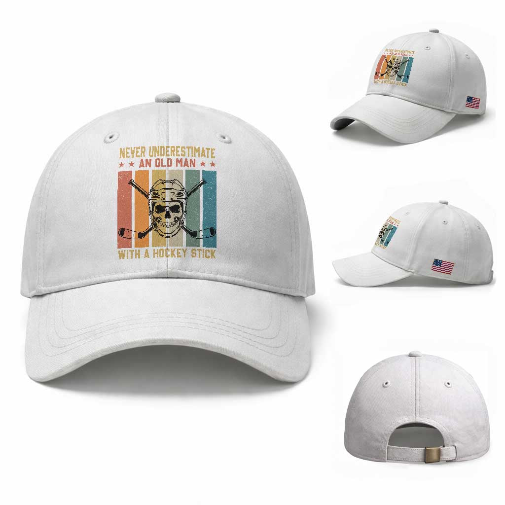 Retro Ice Hockey Player Baseball Cap Funny Never Underestimate An Old Man TS12 Baseball Cap Universal Fit White Print Your Wear