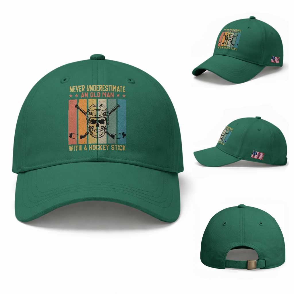 Retro Ice Hockey Player Baseball Cap Funny Never Underestimate An Old Man TS12 Baseball Cap Universal Fit Irish Green Print Your Wear