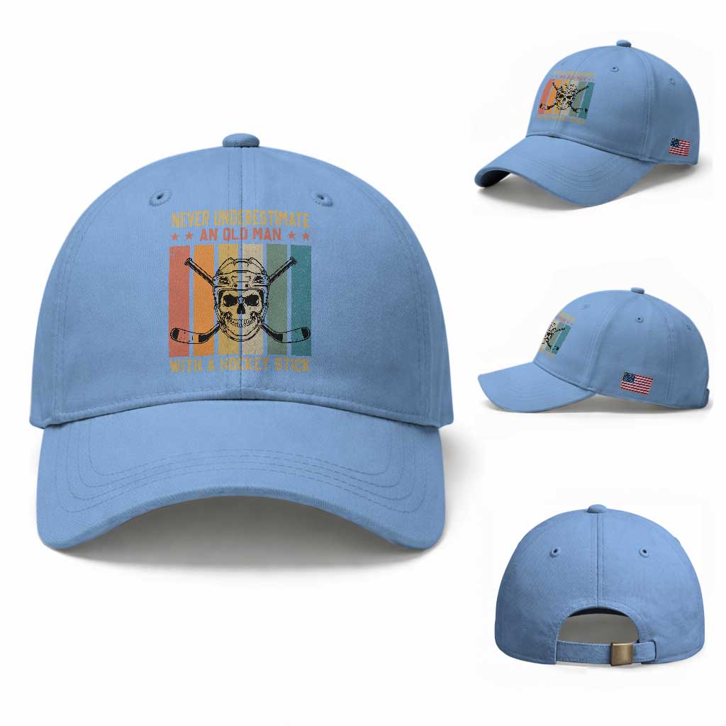Retro Ice Hockey Player Baseball Cap Funny Never Underestimate An Old Man TS12 Baseball Cap Universal Fit Light Blue Print Your Wear