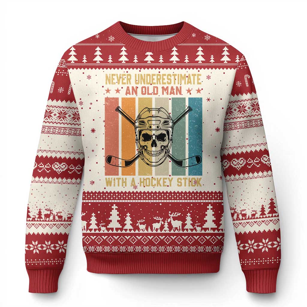Retro Ice Hockey Player Ugly Christmas Sweater Funny Never Underestimate An Old Man TS12 Beige Red Print Your Wear