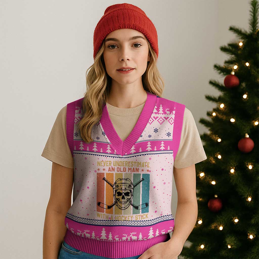 Retro Ice Hockey Player V-Neck Knit Sweater Vest Funny Never Underestimate An Old Man TS12 Hot Pink Print Your Wear