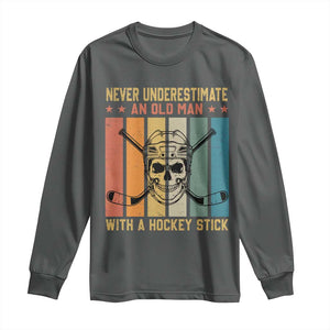 Retro Ice Hockey Player Long Sleeve Shirt Funny Never Underestimate An Old Man TS12 Dark Heather Print Your Wear