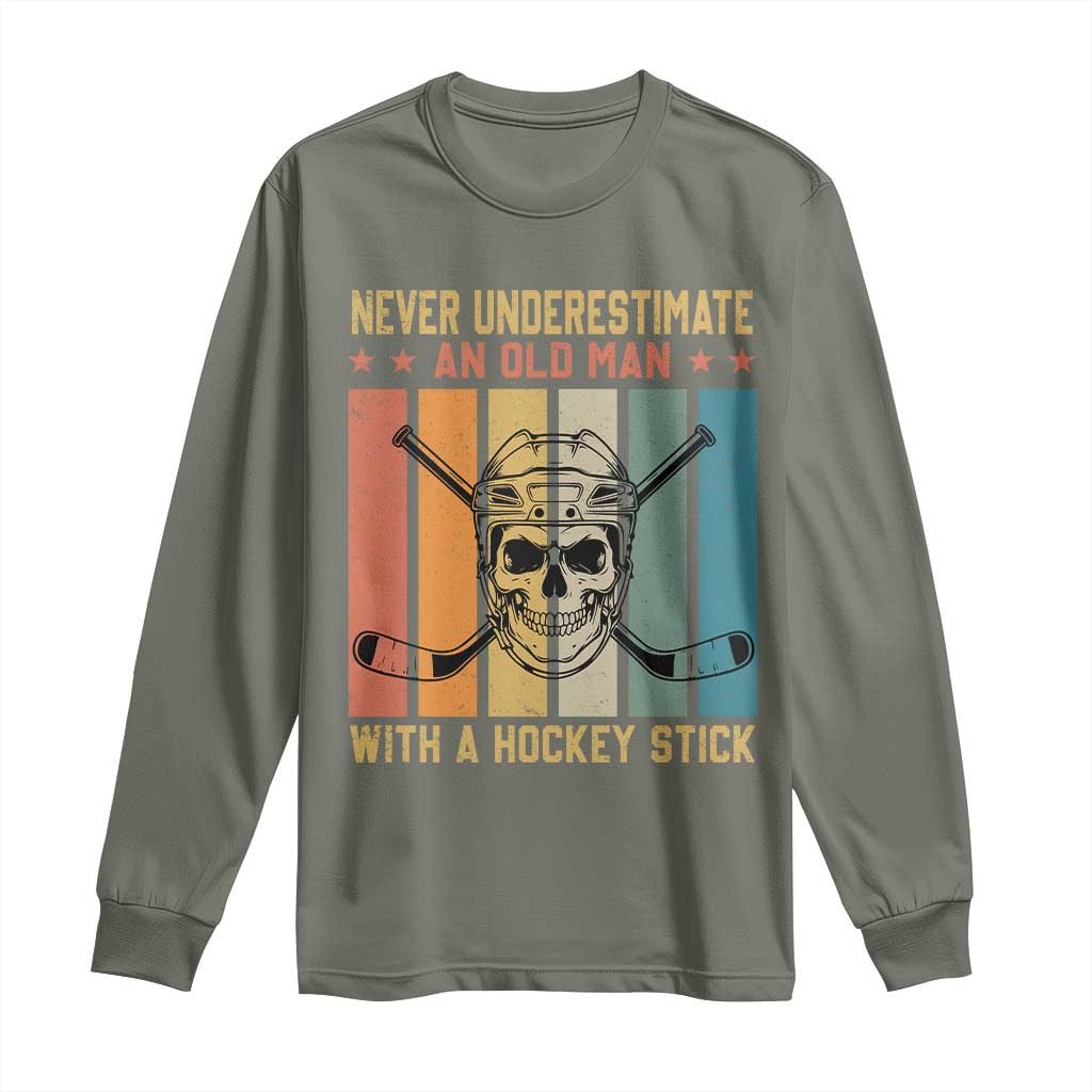 Retro Ice Hockey Player Long Sleeve Shirt Funny Never Underestimate An Old Man TS12 Military Green Print Your Wear