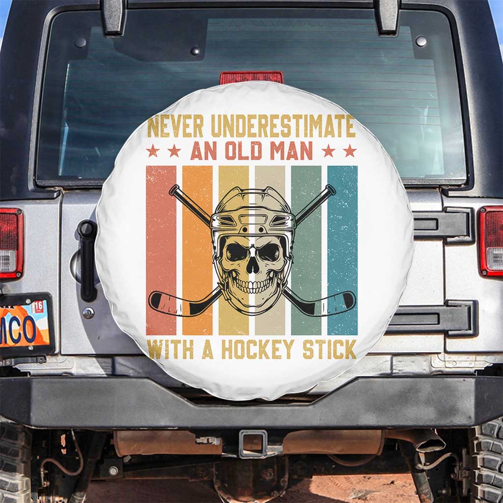 Retro Ice Hockey Player Spare Tire Cover Funny Never Underestimate An Old Man TS12 No hole White Print Your Wear