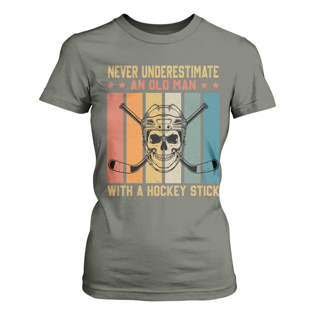 Retro Ice Hockey Player T Shirt For Women Funny Never Underestimate An Old Man TS12 Military Green Print Your Wear