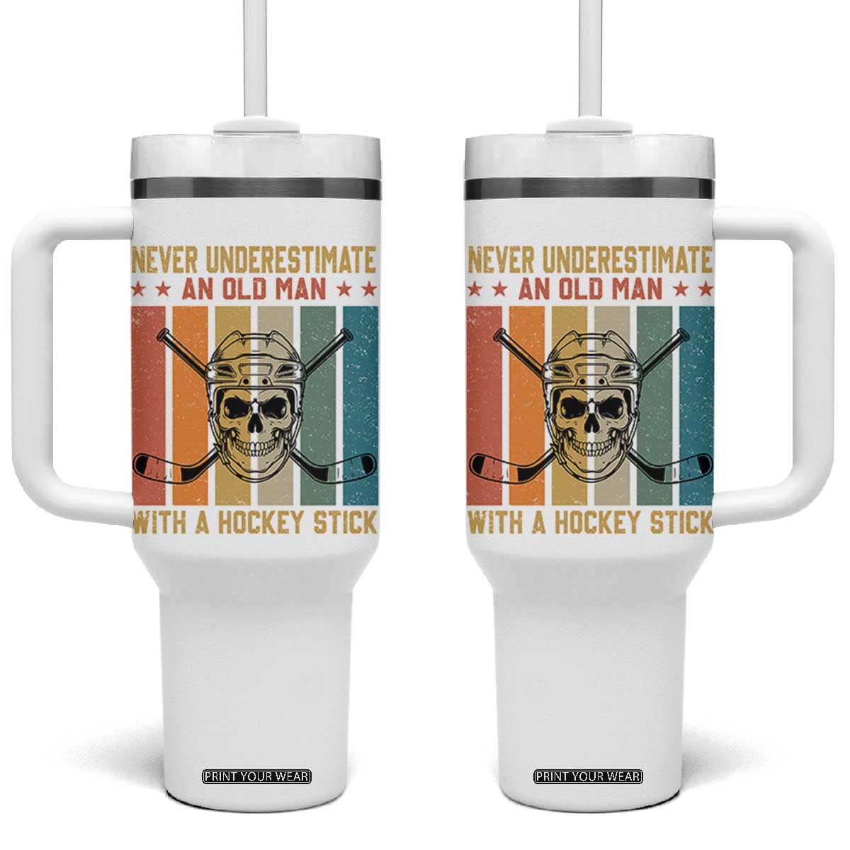 Retro Ice Hockey Player Tumbler With Handle Funny Never Underestimate An Old Man TS12 One Size: 40 oz White Print Your Wear