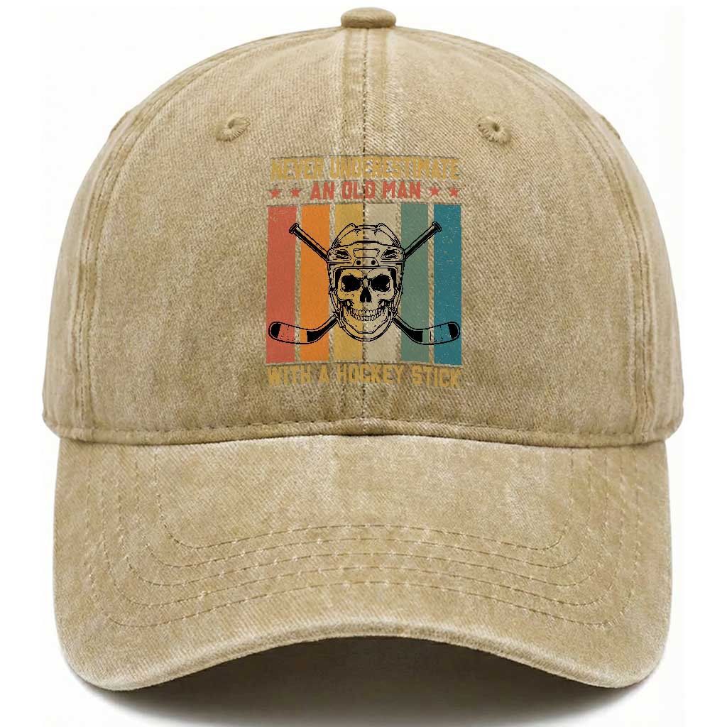 Retro Ice Hockey Player Washed Cotton Baseball Cap Funny Never Underestimate An Old Man TS12 Print Your Wear