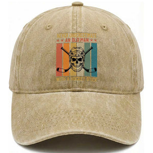 Retro Ice Hockey Player Washed Cotton Baseball Cap Funny Never Underestimate An Old Man TS12 Print Your Wear
