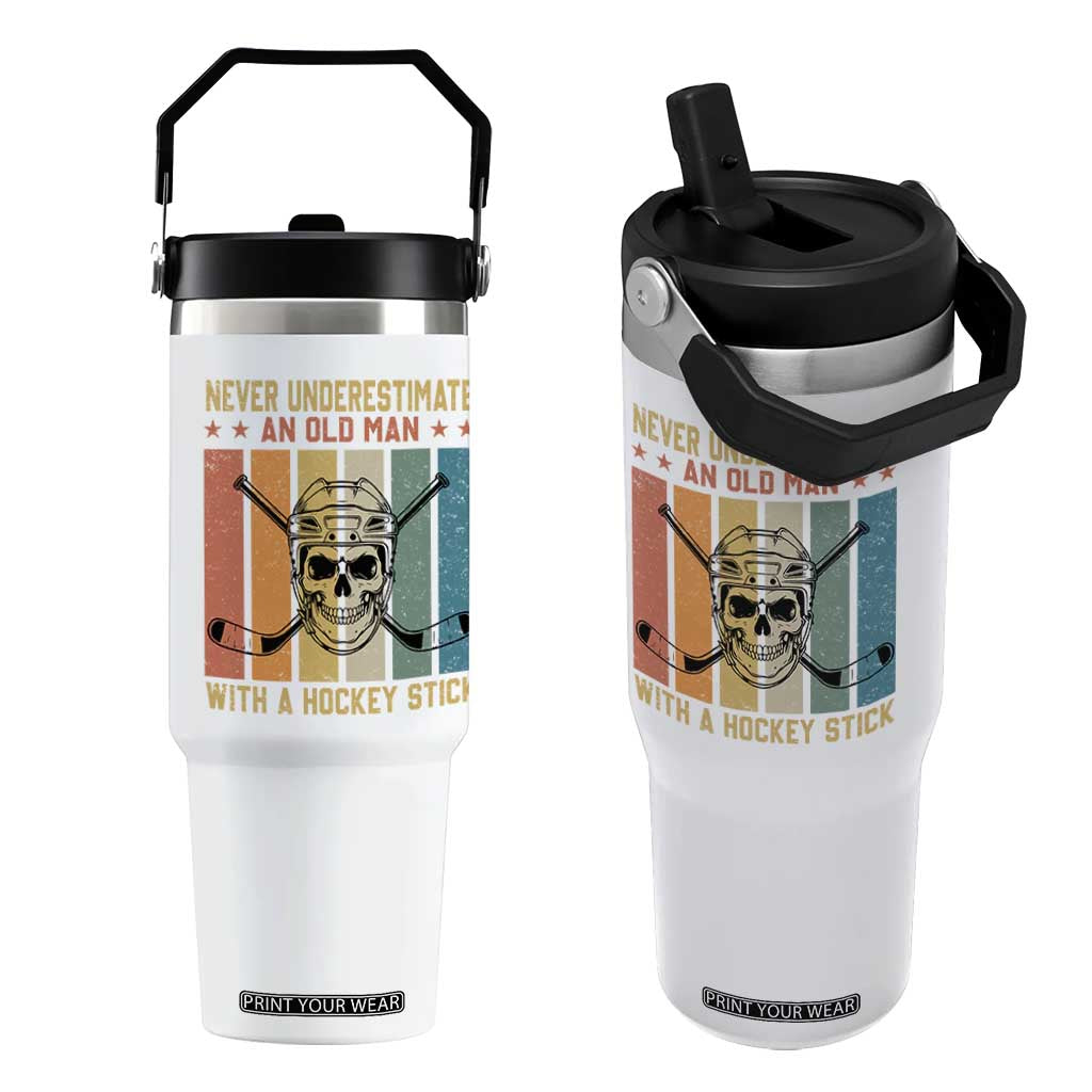 Retro Ice Hockey Player Flip Straw Tumbler Funny Never Underestimate An Old Man TS12 One Size: 30 oz White Print Your Wear