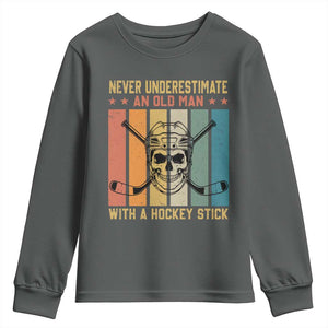 Retro Ice Hockey Player Youth Sweatshirt Funny Never Underestimate An Old Man TS12 Dark Heather Print Your Wear
