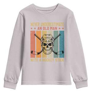 Retro Ice Hockey Player Youth Sweatshirt Funny Never Underestimate An Old Man TS12 Ice Gray Print Your Wear