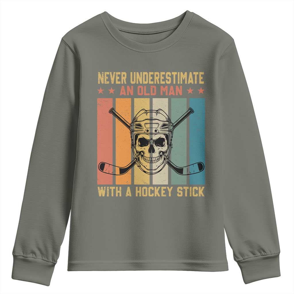 Retro Ice Hockey Player Youth Sweatshirt Funny Never Underestimate An Old Man TS12 Military Green Print Your Wear