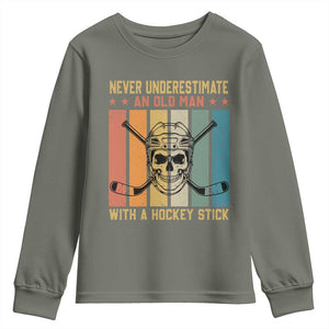 Retro Ice Hockey Player Youth Sweatshirt Funny Never Underestimate An Old Man TS12 Military Green Print Your Wear