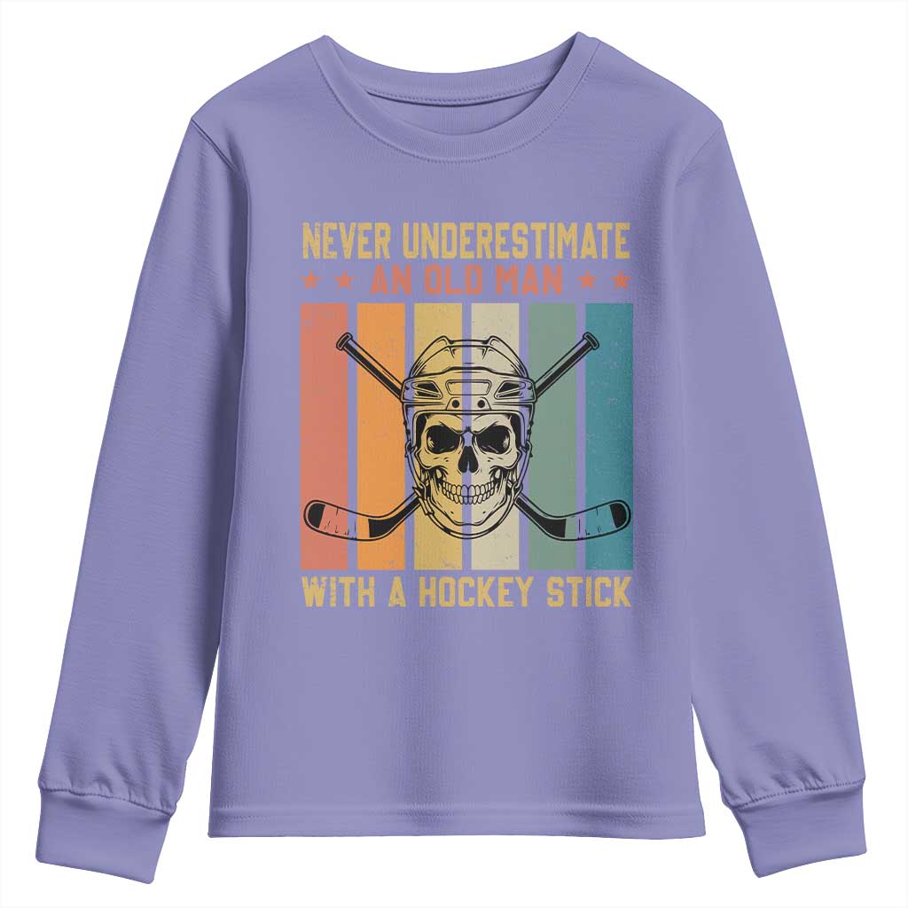 Retro Ice Hockey Player Youth Sweatshirt Funny Never Underestimate An Old Man TS12 Violet Print Your Wear