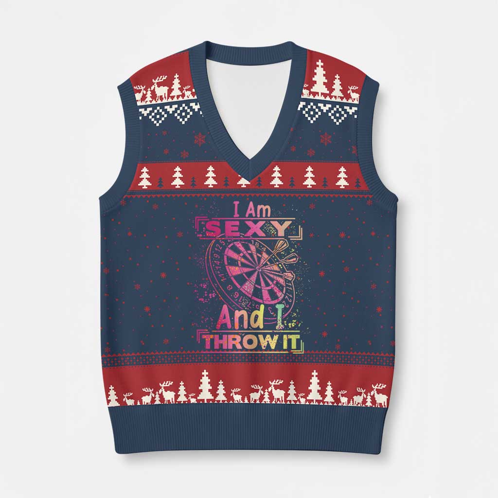 I Am Sexy And I Throw It V-Neck Knit Sweater Vest Sexy Dart Player Gift TS12 Navy Red Print Your Wear