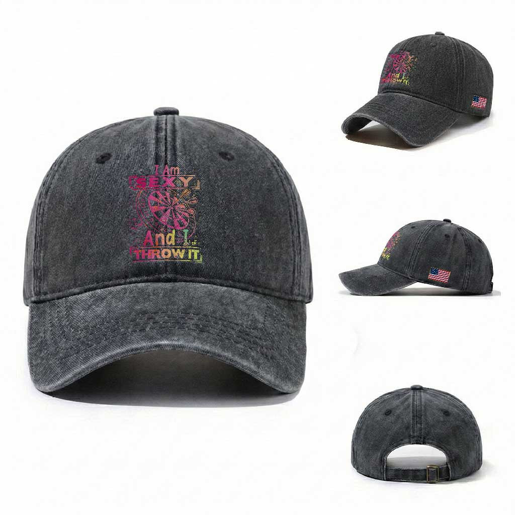 I Am Sexy And I Throw It Washed Cotton Baseball Cap Sexy Dart Player Gift TS12 Washed Cap Universal Fit Dark Gray Print Your Wear
