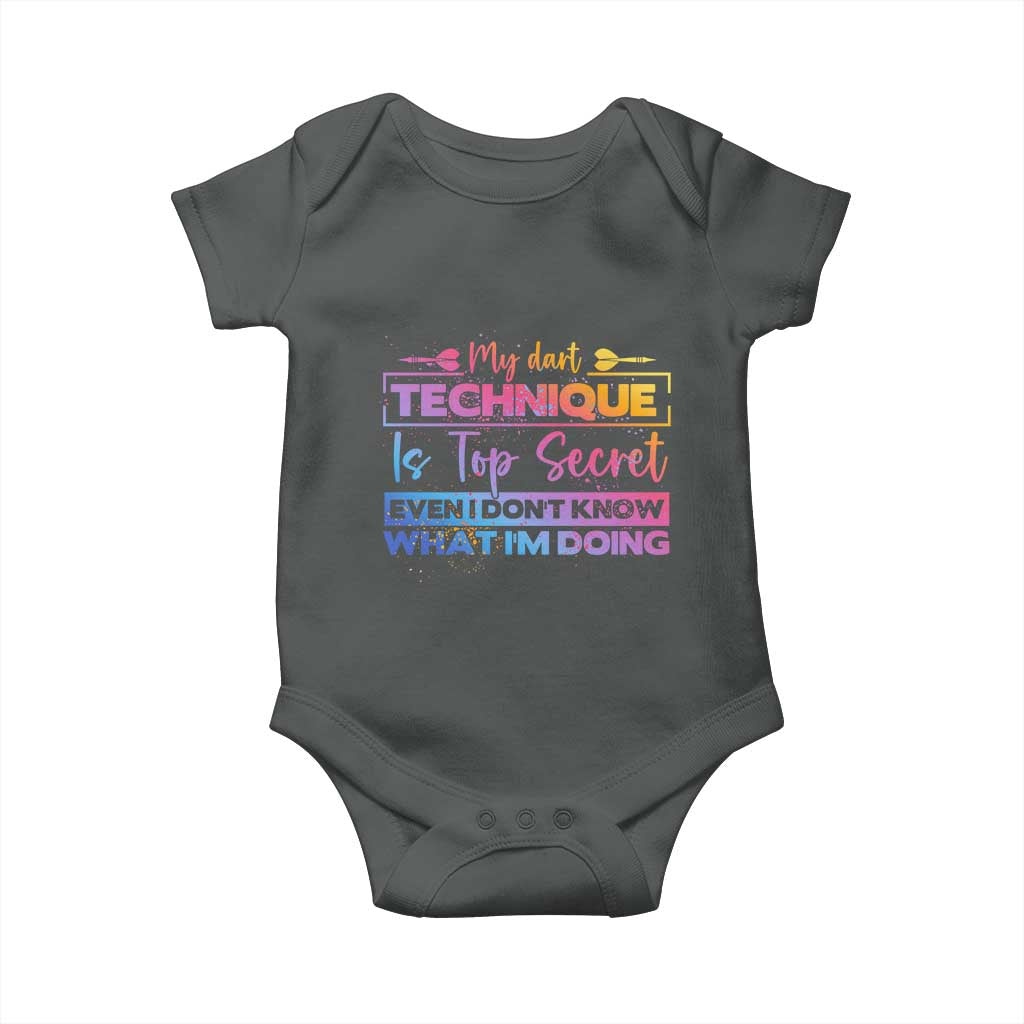 My Dart Technique Is Top Secret Baby Onesie Funny Dartist Gift TS12 Dark Heather Print Your Wear