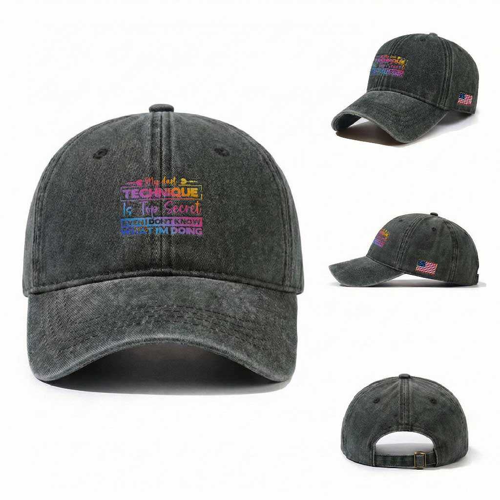 My Dart Technique Is Top Secret Washed Cotton Baseball Cap Funny Dartist Gift TS12 Washed Cap Universal Fit Dark Green Print Your Wear